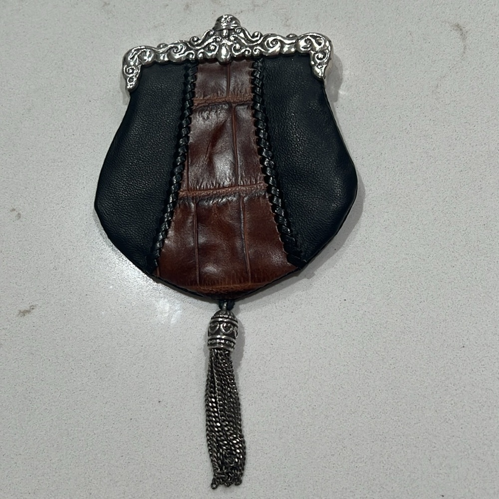 NWOT Brighton RARE Pocket Coin Purse black & brown croc leather & silver tassel